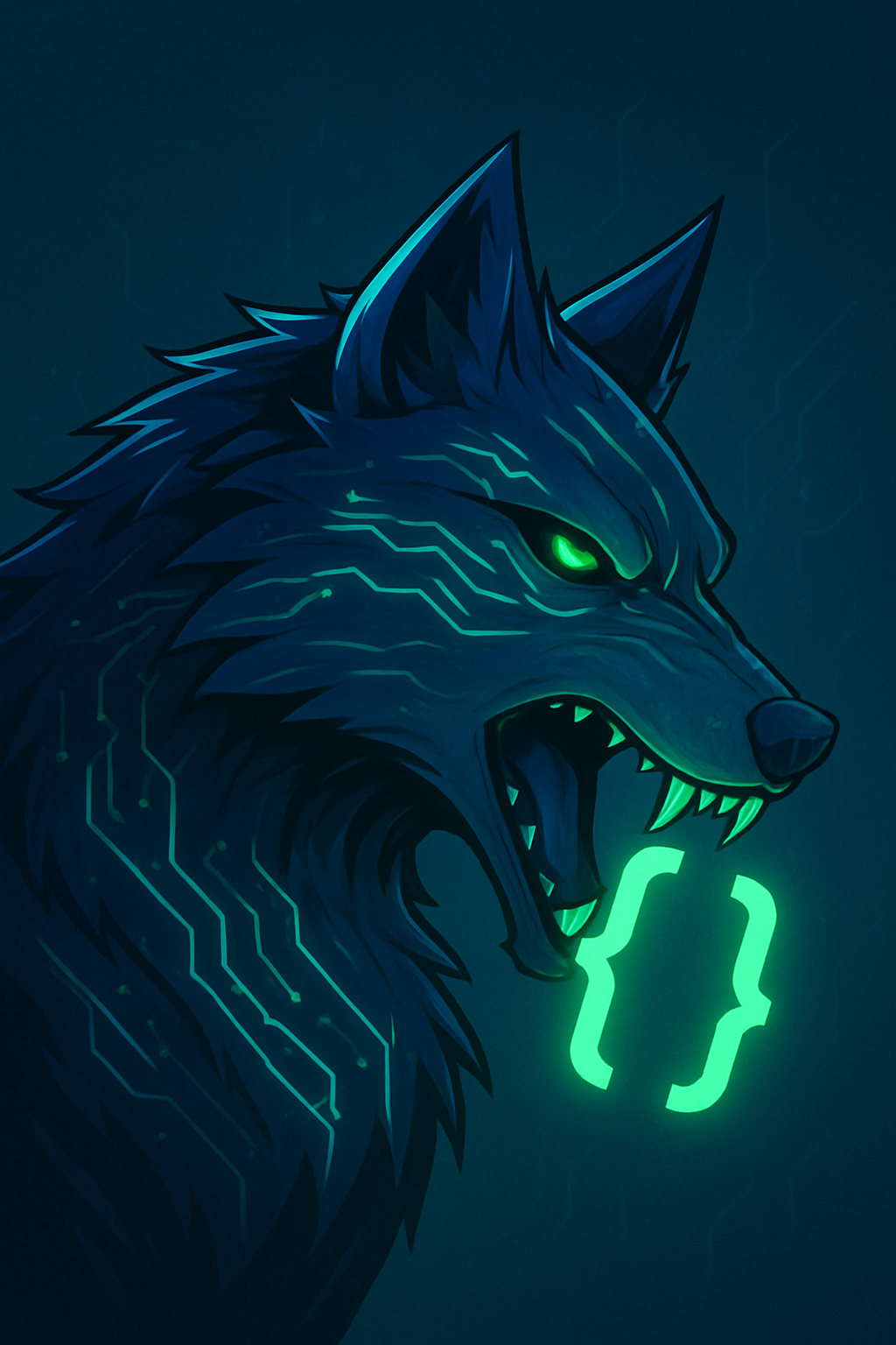 WolfByte's blue cybernetic wolf with glowing green eyes and code braces